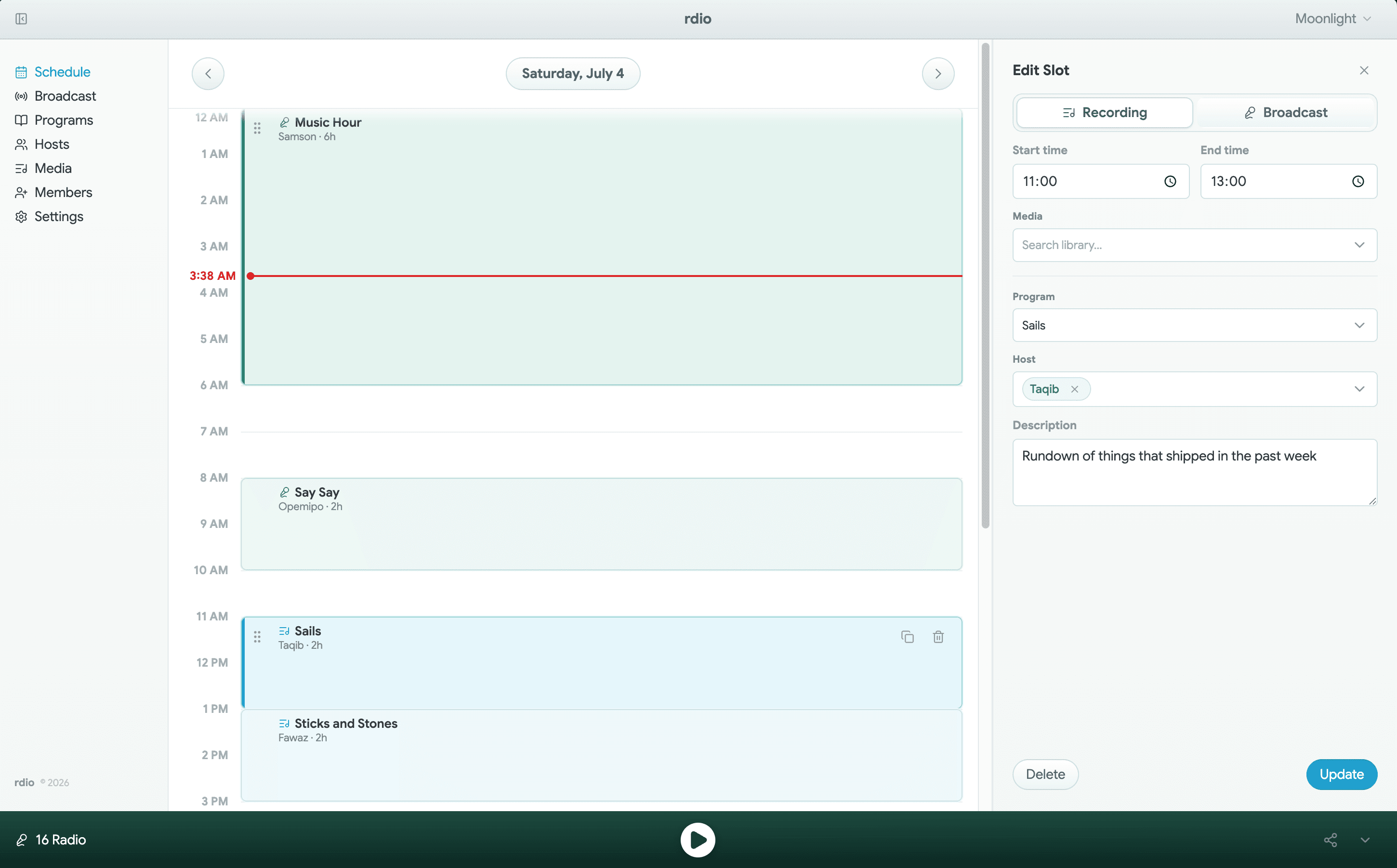 rdio schedule editor showing station blocks and the slot editing panel
